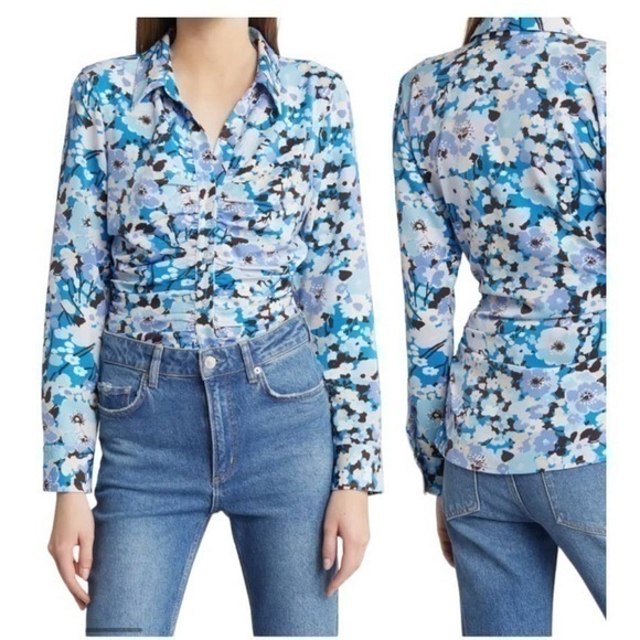 New Rails Top Lisa floral long sleeve ruched blue - Picture 1 of 10